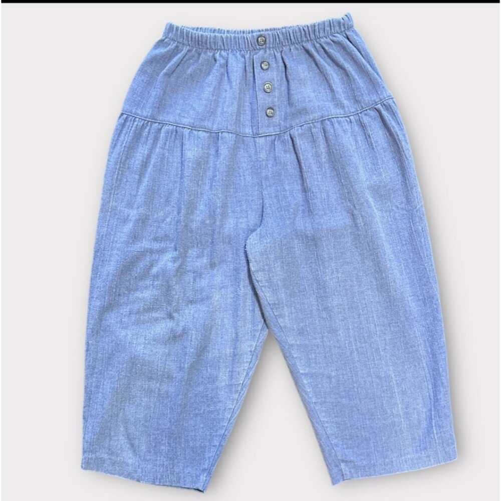 Handmade Womens Sz S Cotton Chambray Pants Blue Pull On Pockets Ankle Cropped